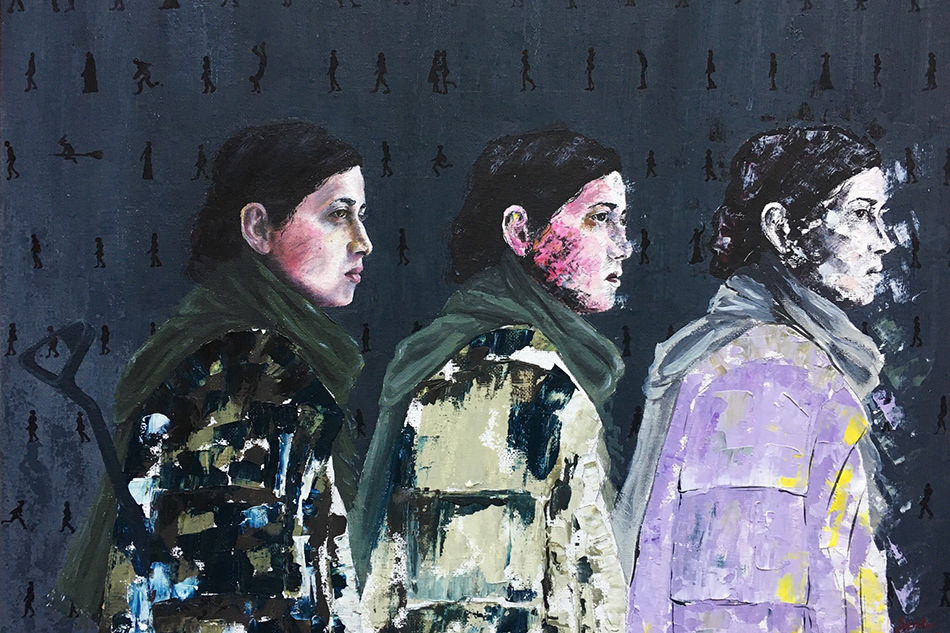 Tableau de trois femmes : Libérer le monde, huile sur toile, 40x60 cm (2018) © Serdar Mutlu