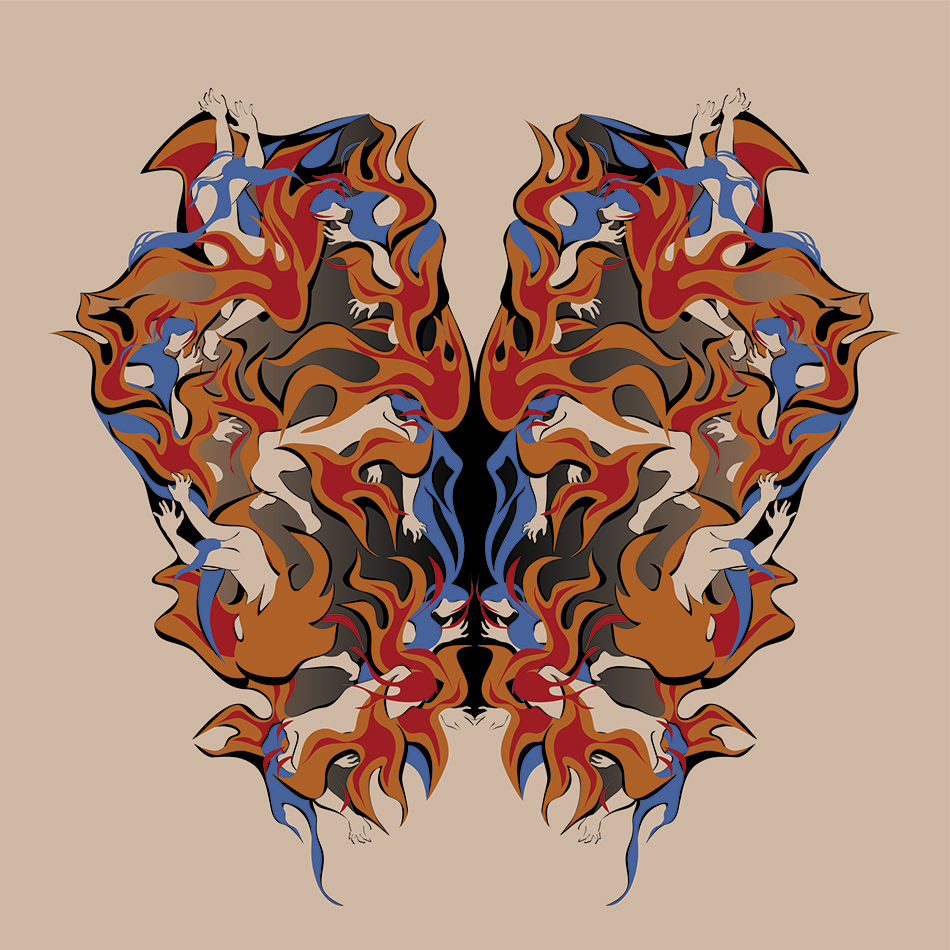 Représentation graphique d’un papillon qui, à y regarder de plus près, se compose de flammes et de corps féminins entrelacés.